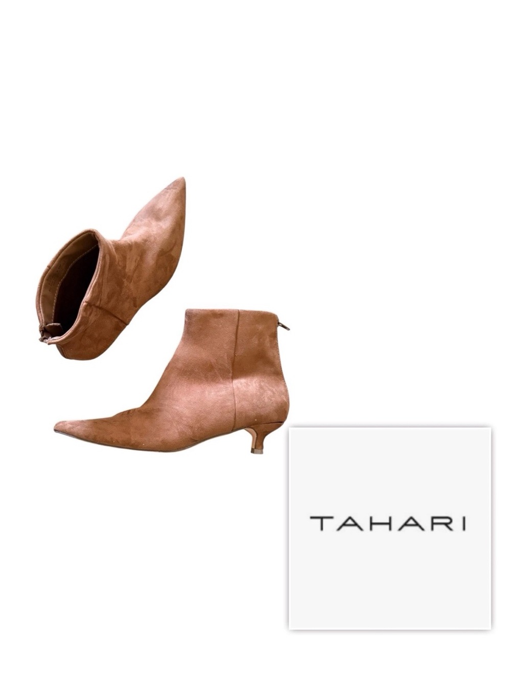 NEW Tahari Women 9.5 Tan Pointed-Toe Kitten Heel Ankle Zip Up Boots Barbie Shoes